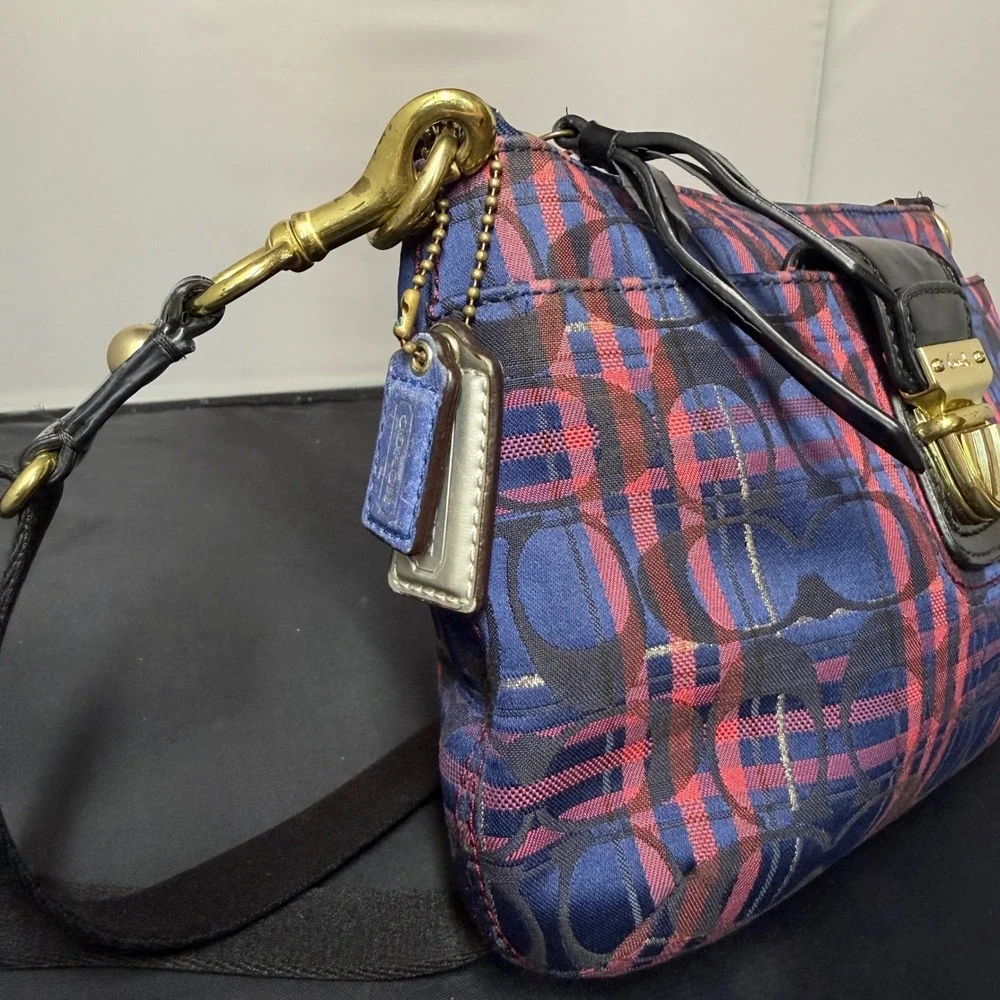 Coach Poppy Plaid Signature C Crossbody Bag Blue Pink Gold Metallic Pocket